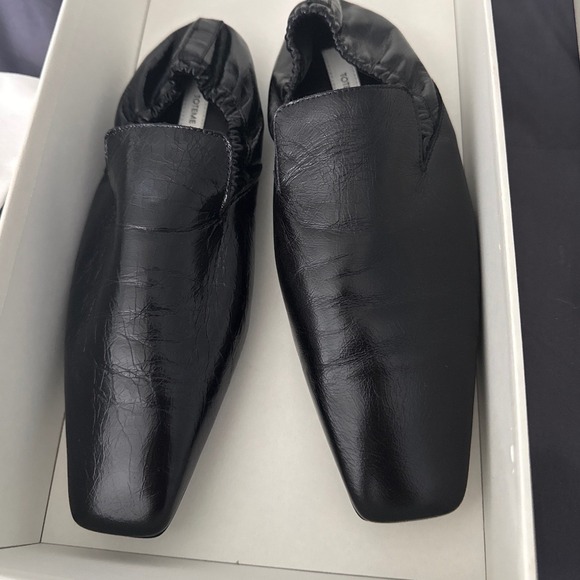 TOTEME Black Leather Square Toe Elastic Back Flat Loafers Made in Italy Size 37 - Picture 2 of 12